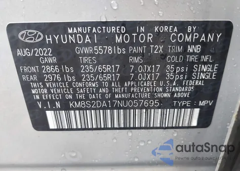 2022 Hyundai Santa Fe Hybrid Blue z USA, uszkodzony, nr VIN KM8S2DA17NU057695
